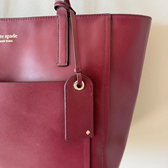 Kate Spade New York Burgundy Leather Large Tote Bag Minimalist Work Chic Preppy - Picture 5 of 15
